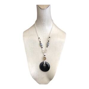 Vintage Black Flat Cutout Circle Black Clear Gray Silver Bead Statement Necklace